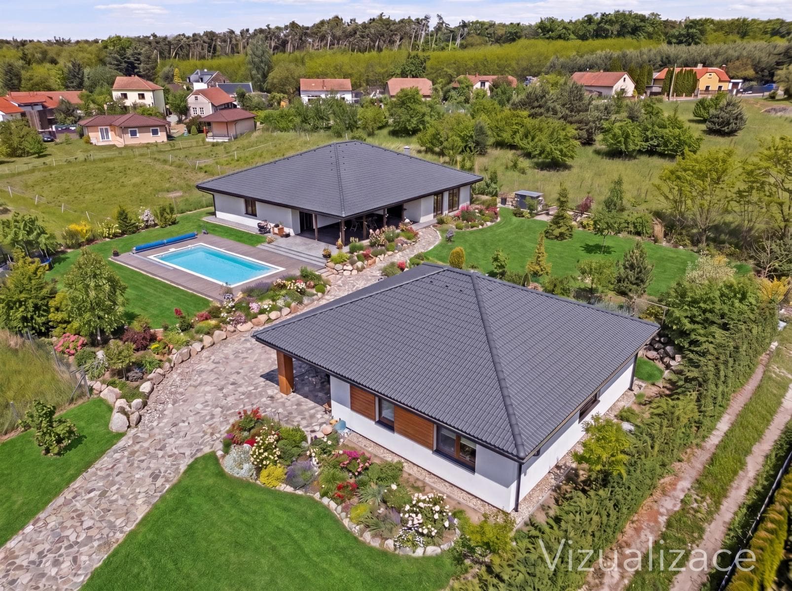 K PRODEJI – Nadstandardní bungalov z roku 2022, 4+kk, 243 m², terasa 66 m², pozemek 2 991 m², základová deska se stavebním povolením pro další dům, Němčice u Kolína